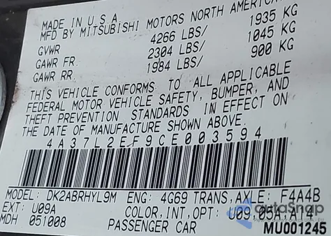 2012 Mitsubishi Eclipse Spyder Gs Sport from USA, damaged, VIN 4A37L2EF9CE003594